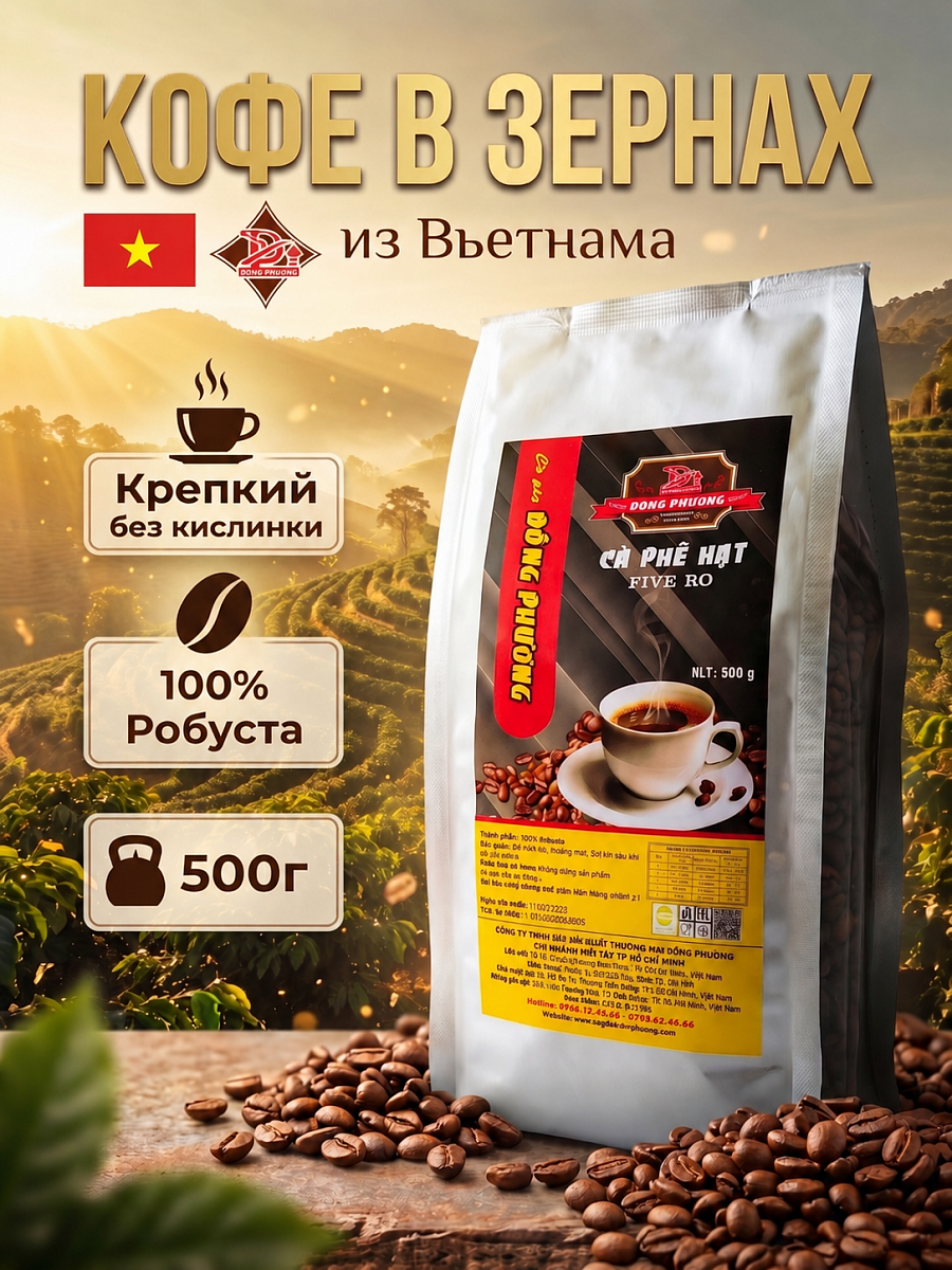 Кофе в зернах робуста FIVE RO Dong Phuong Вьетнам 500гр