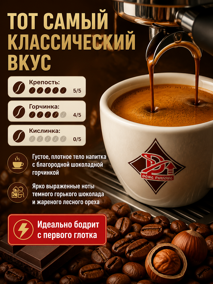 Кофе в зернах робуста FIVE RO Dong Phuong Вьетнам 500гр